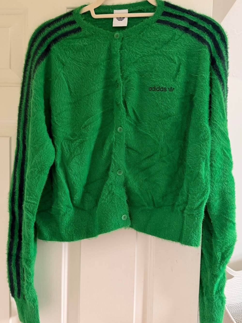 adidas Bright Green Fuzzy Cardigan with Dark Stripe Accents